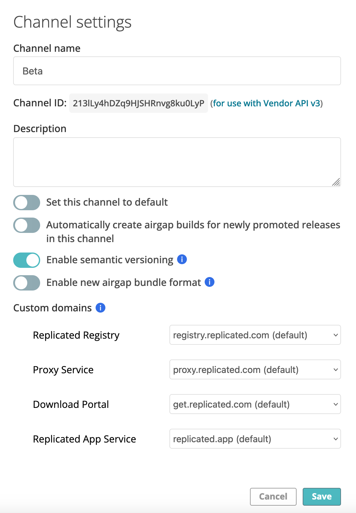 Channel Settings dialog in the Vendor Portal